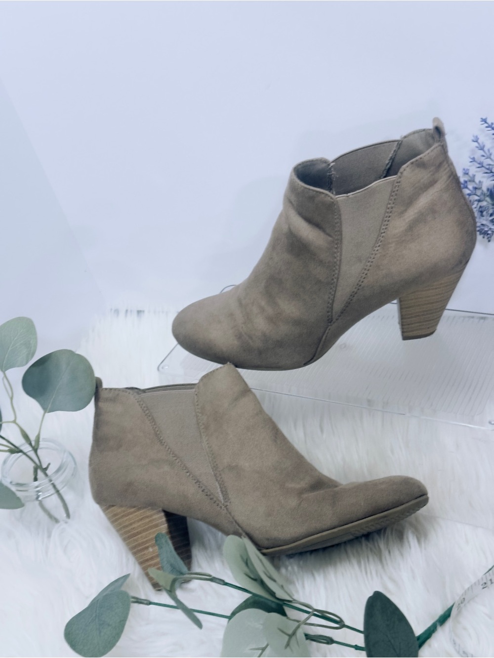 Brash Taupe Gray /Tan Suede Wood Stacked Heel Ankle Booties